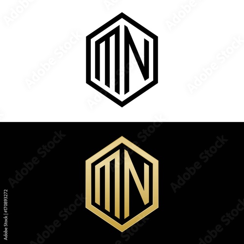 initial letters logo mn black and gold monogram hexagon shape vector