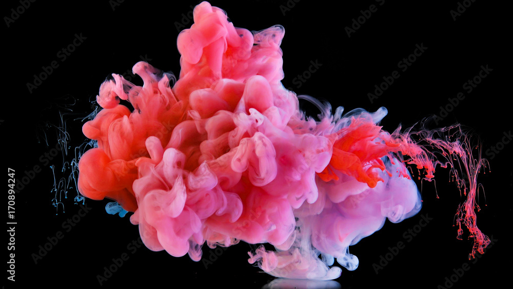 Obraz premium Real shot color paint drops in water. Ink swirling underwater. Cloud of ink collision isolated on black background. Colorful abstract smoke explosion. Close up view