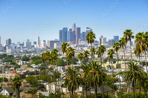 Los Angeles, California, USA downtown skyline and palm trees in foreground © chones