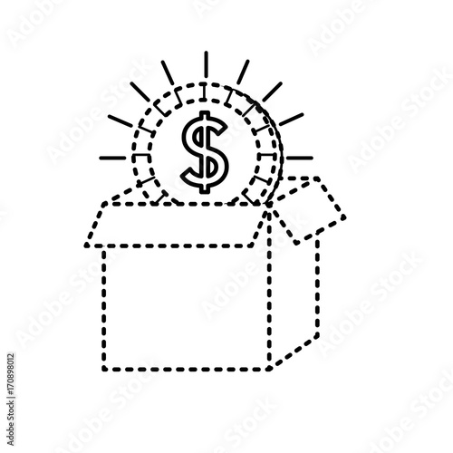 dotted shape open box with coin cash money inside vector illustration