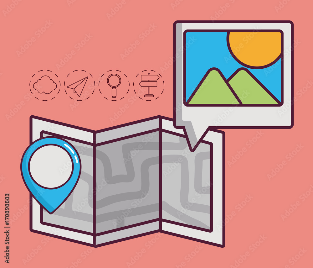 map with navigation and location related icons around over pink background colorful design vector illustraiton map with navigation and location related icons around over pink background colorful design vector illustraiton