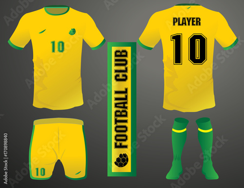 Set of soccer kit or football jersey template for football club. Yellow football shirt mock up. Front and back view soccer uniform. Flat football logo label. Vector Illustration