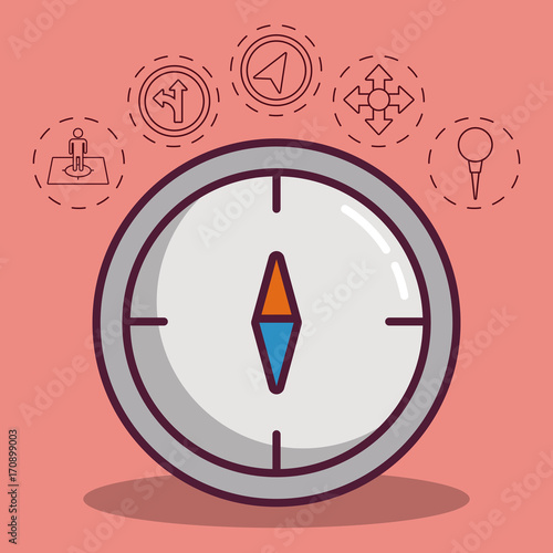 compass with navigation and location related icons around over pink background colorful design vector illustraiton