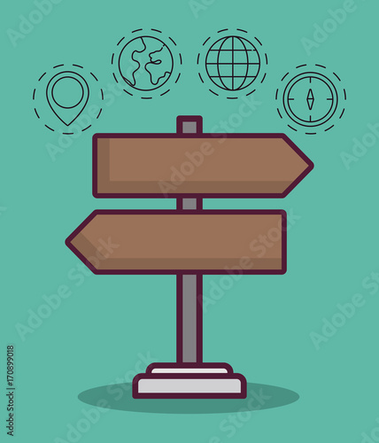 road sign with navigation and location related icons around over turquoise background colorful design vector illustraiton