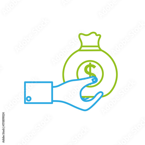 line man hand with bag with cash money vector illustration