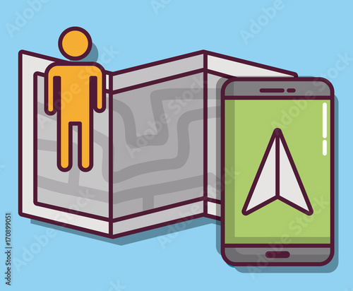 smartphone with map and man icon over blue background colorful design vector illustraiton