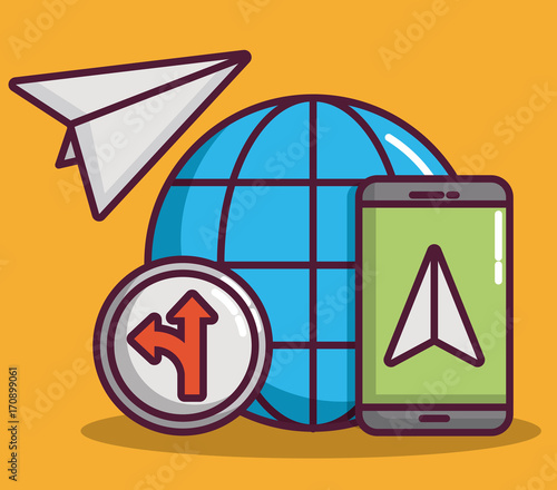smartphone and global sphere with navigation and location related icons over yellow  background colorful design vector illustraiton