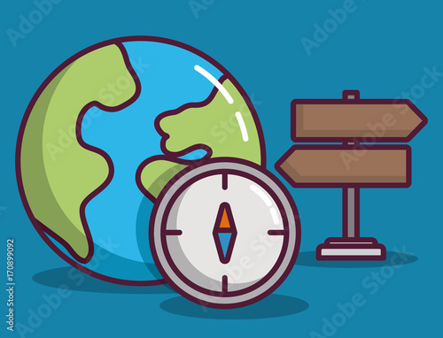 earth planet compass and road sign icon over blue background colorful design vector illustraiton