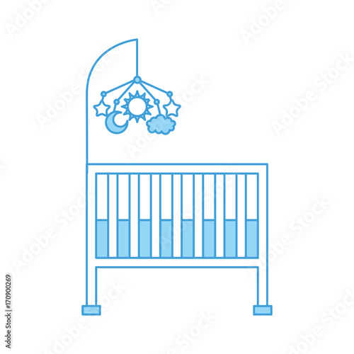cot baby shower with mobile toy furniture infant symbol vector illustration