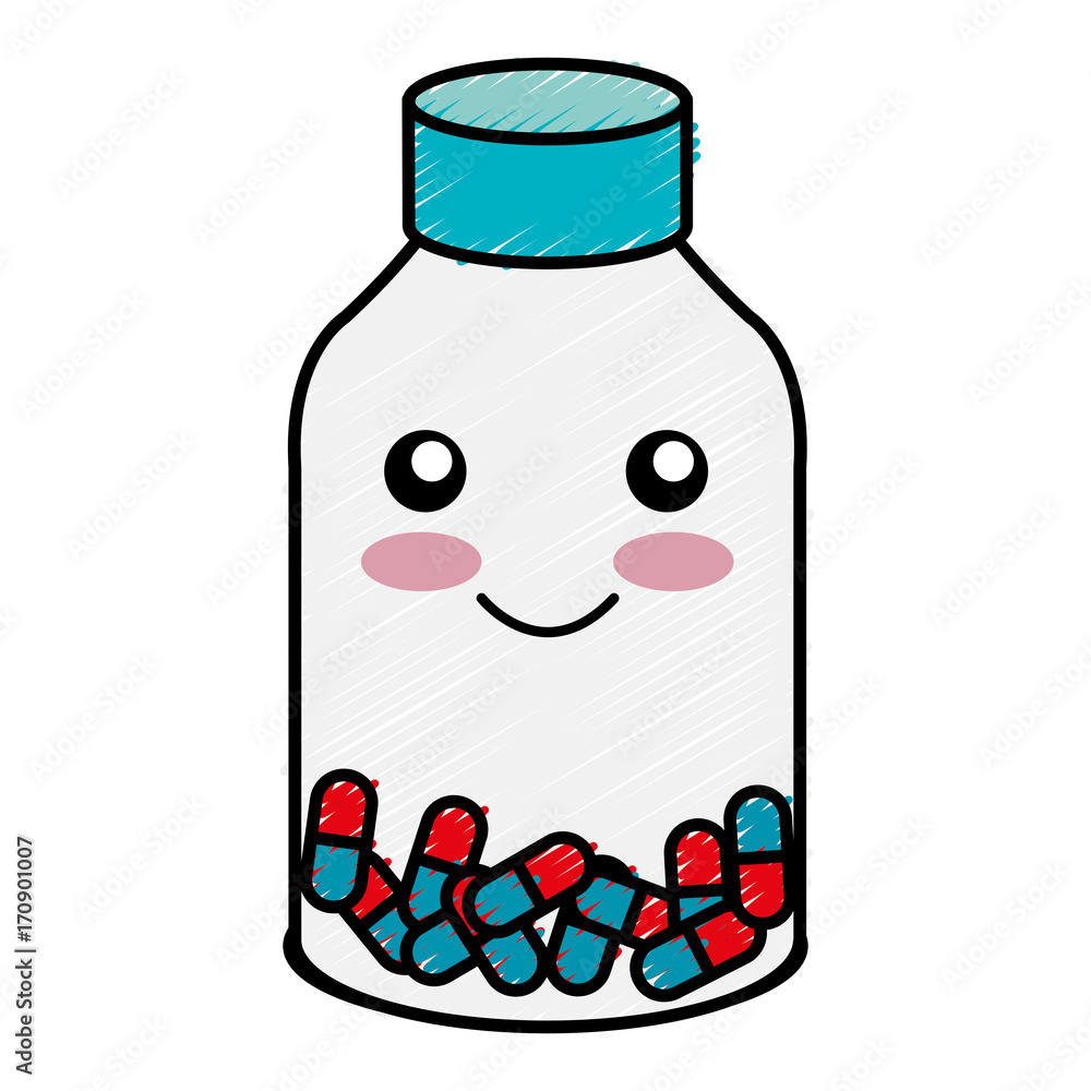 Obraz premium capsules drugs in bottle kawaii character vector illustration design