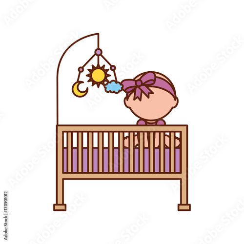 girl with mobile toy cot baby shower furniture infant symbol vector illustration