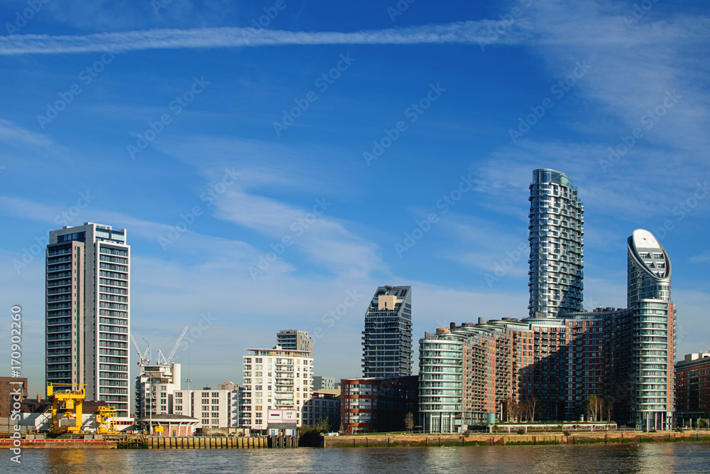 London embankment and city skyline, England.