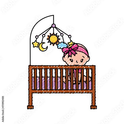 girl with mobile toy cot baby shower furniture infant vector illustration