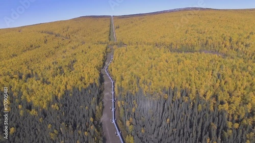 Aerial footage of the Alaska oil pipeline in the fall season  photo