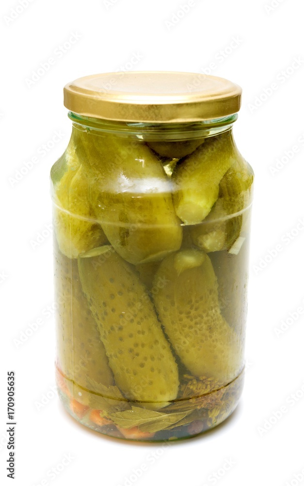 glass jar with pickled cucumbers isolated on white background glass jar with pickled cucumbers isolated on white background
