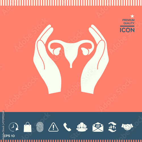 Hands holding Female uterus - protection icon