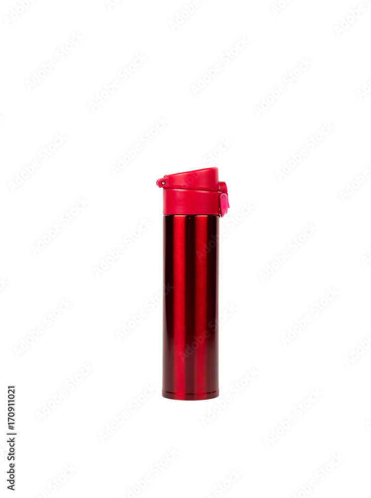 Red thermos bottle isolated on white background with copy space Red thermos bottle isolated on white background with copy space