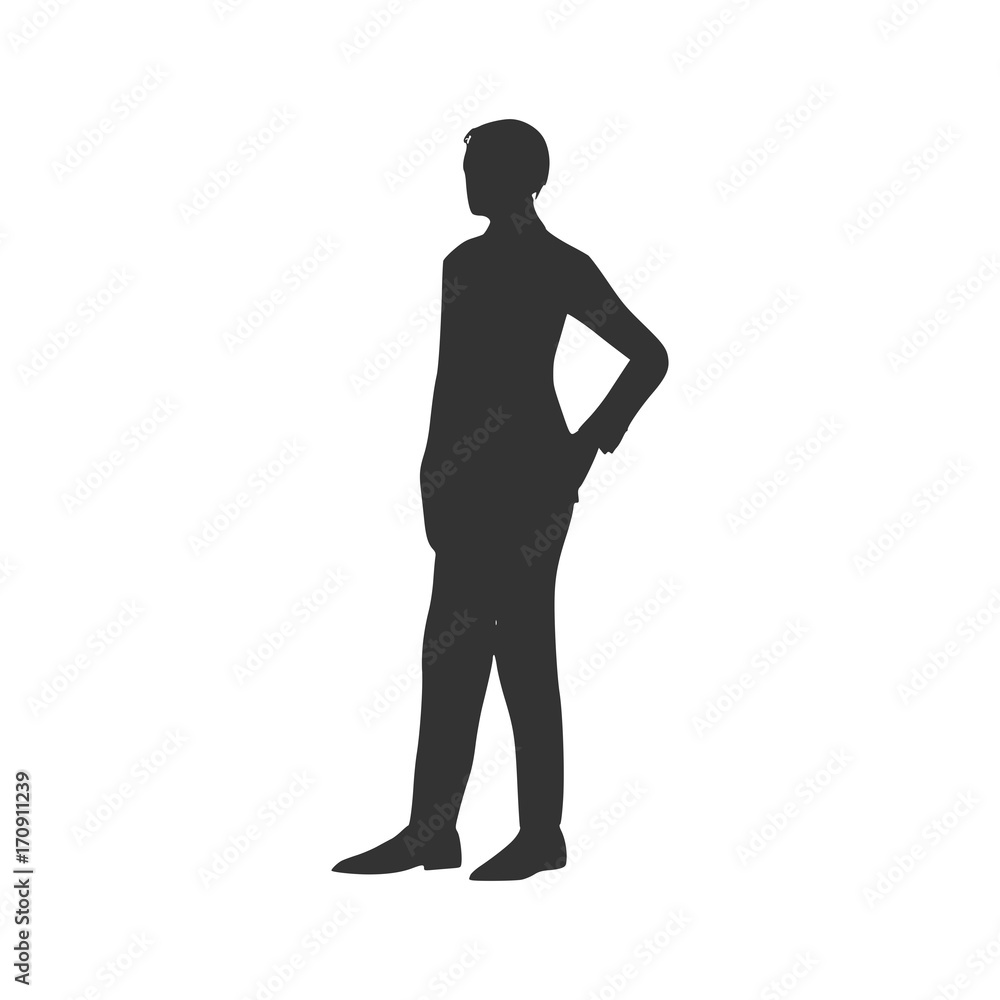 Business Woman Black Silhouette Standing Full Length Over White Background Vector Illustration. Half Turn View