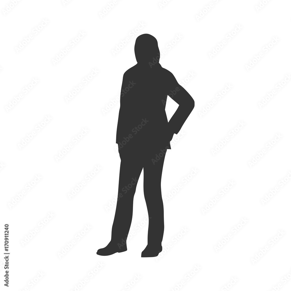 Business Woman Black Silhouette Standing Full Length Over White Background Vector Illustration. Half Turn View