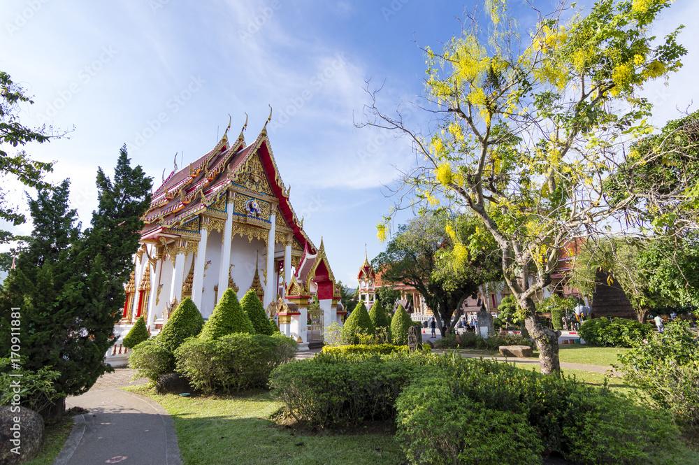 Fototapeta premium Pagoda of Wat Chalong (or formally Wat Chaiyathararam) - the most important of the 29 buddhist temples of Phuket, located in the Chalong Subdistrict, Mueang Phuket District, Thailand