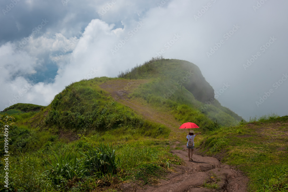 Woman Enjoying Nature on grass meadow on top of mountain in Thailand Woman Enjoying Nature on grass meadow on top of mountain in Thailand