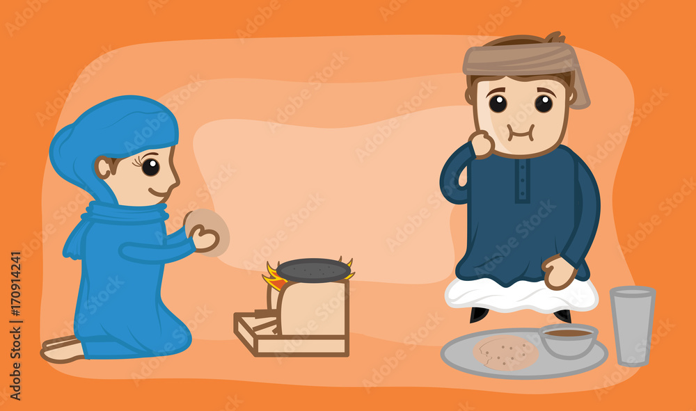 Cartoon Woman Cooking and Farmer Character Eating