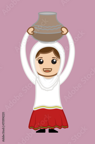 Cartoon desi Villager Woman Carrying Pitcher