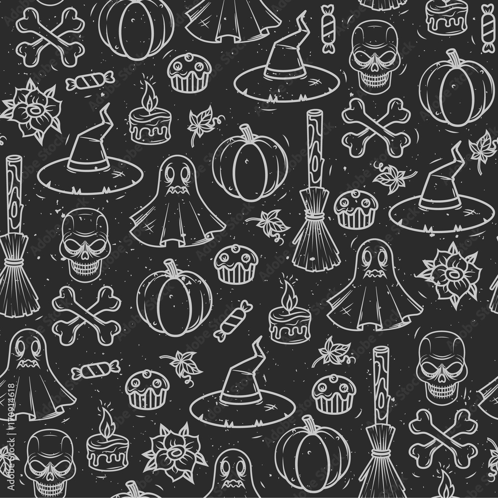Seamless vector pattern for Halloween. Seamless print, wallpaper, background with the image of objects in the style of Halloween.