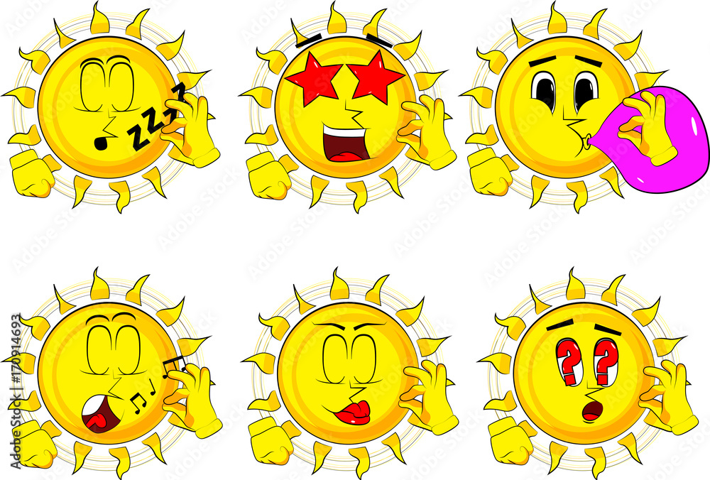 Cartoon sun showing ok sign. Collection with various facial expressions. Vector set.