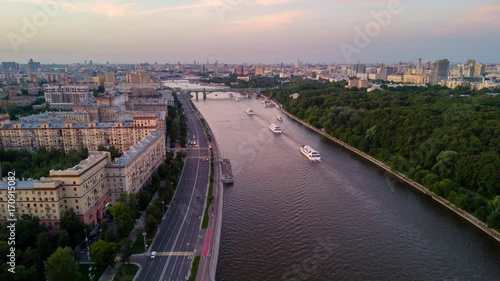 sunset evening moscow river traffic famous park cityscape aerial panorama 4k time lapse russia  photo