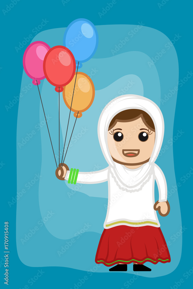 Cute Happy Cartoon Woman Holding Balloons Cute Happy Cartoon Woman Holding Balloons
