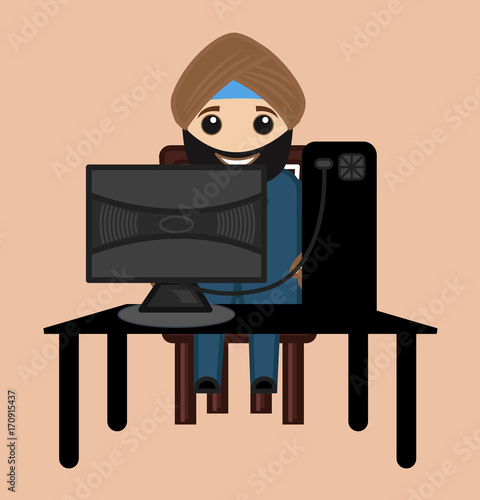 Cartoon Businessman Sardar Working on Computer