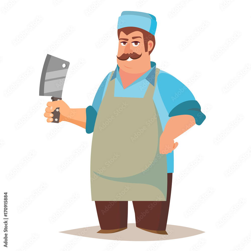 Happy Butcher Vector. Standing Butcher Man With Knife. Natural Meat. For Steak, Meat Market, Storeroom Advertising Concept. Cartoon Isolated Illustration. Happy Butcher Vector. Standing Butcher Man With Knife. Natural Meat. For Steak, Meat Market, Storeroom Advertising Concept. Cartoon Isolated Illustration.