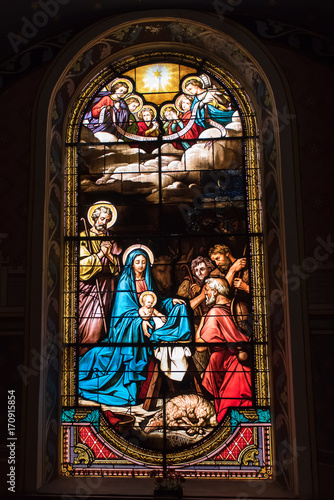 Aigueze in Ardeche, most beautiful french village, stained glass window 