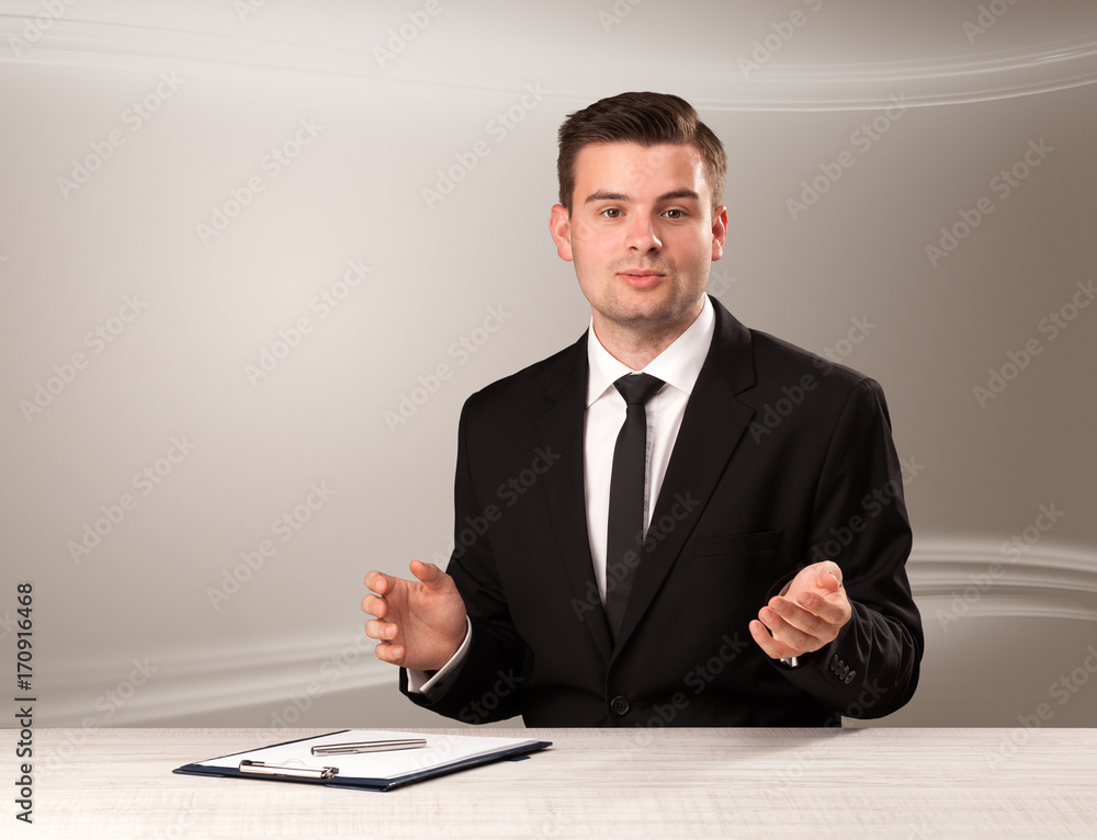 Televison host in live show with blank background Televison host in live show with blank background