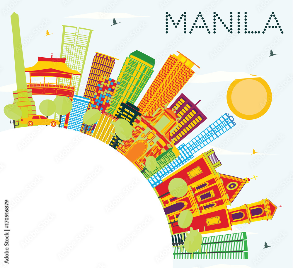 Manila Skyline with Color Buildings, Blue Sky and Copy Space.