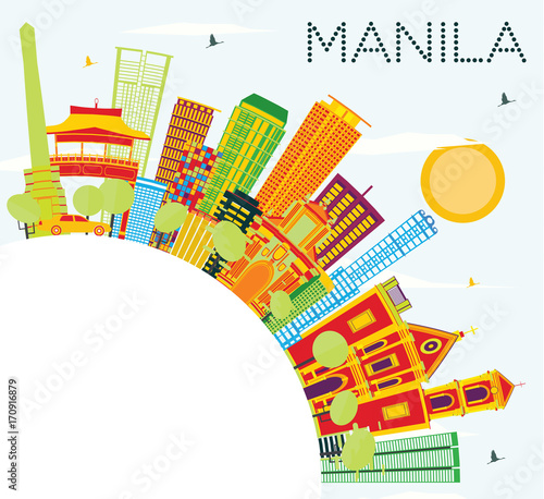Manila Skyline with Color Buildings  Blue Sky and Copy Space.