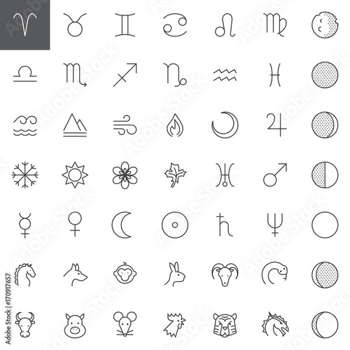 Astrology line icons set, outline vector symbol collection, linear style pictogram pack. Signs, logo illustration. Set includes icons as planet, zodiac, moon, earth, solar, neptune, star, aries