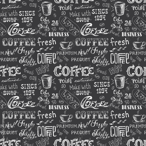 Fototapeta Coffee seamless pattern, hand drawn lettering and sign on black background.
