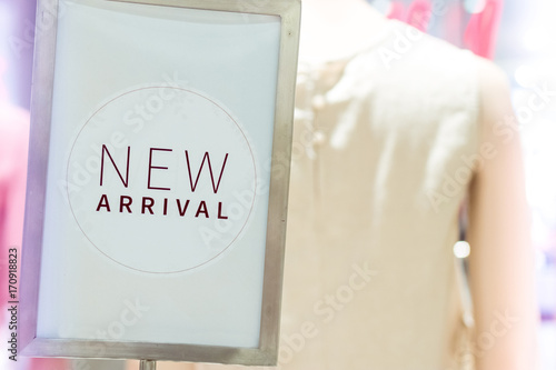 Retail Store New Arrivals Sign. Shopping mall of Bali island, Indonesia.