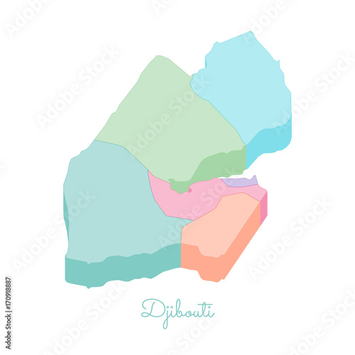 Djibouti region map: colorful isometric top view. Detailed map of Djibouti regions. Vector illustration.
