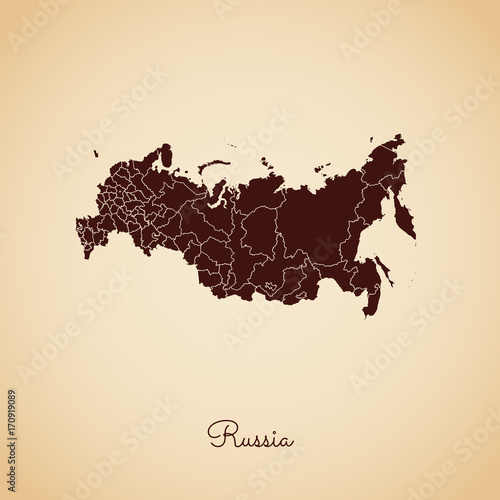 Russia region map: retro style brown outline on old paper background. Detailed map of Russia regions. Vector illustration.