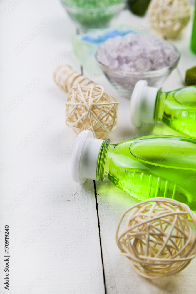 Spa treatments on wooden table. Spa treatments on wooden table.