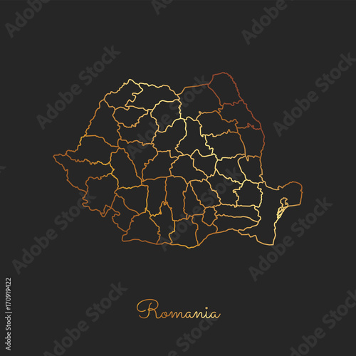 Romania region map: golden gradient outline on dark background. Detailed map of Romania regions. Vector illustration.