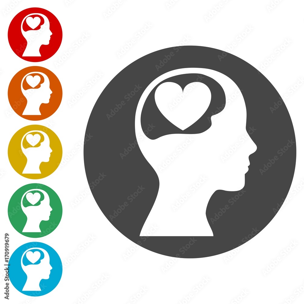 Human head silhouette and structure of the brain icons set Human head silhouette and structure of the brain icons set