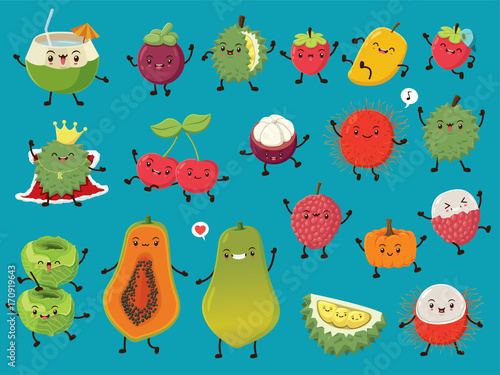 Vintage food poster design with vector coconut, mangosteen, durian, strawberry, mango, cherry, rambutan, cabbage, papaya, lychee, pumpkin character.
