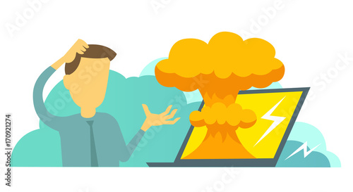 System error in laptop epic fail. Atomic bomb explosion nuclear, Man manager programmer and bug in the computer