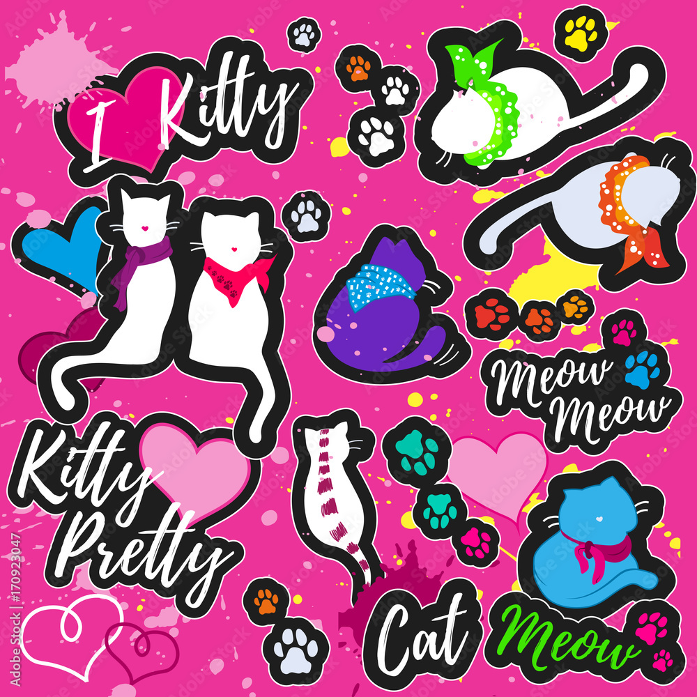 Colorful patches with cats, hearts, cat's footprints, inscriptions 
