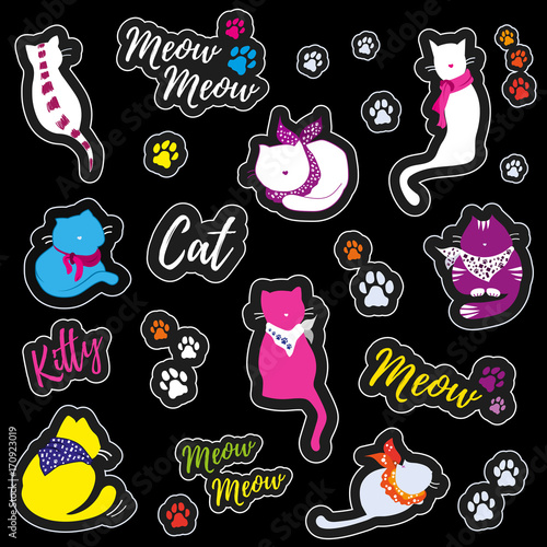 Set of colorful patches with cats, cat's footprints, inscriptions "Meow Meow", "Kitty", "Cat".  Vector illustration.