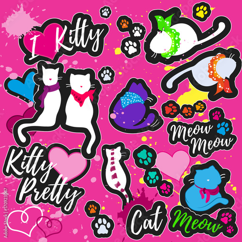 Colorful patches with cats, hearts, cat's footprints, inscriptions "I love kitty", "Meow Meow", "Kitty Pretty", "Cat". Vector illustration.